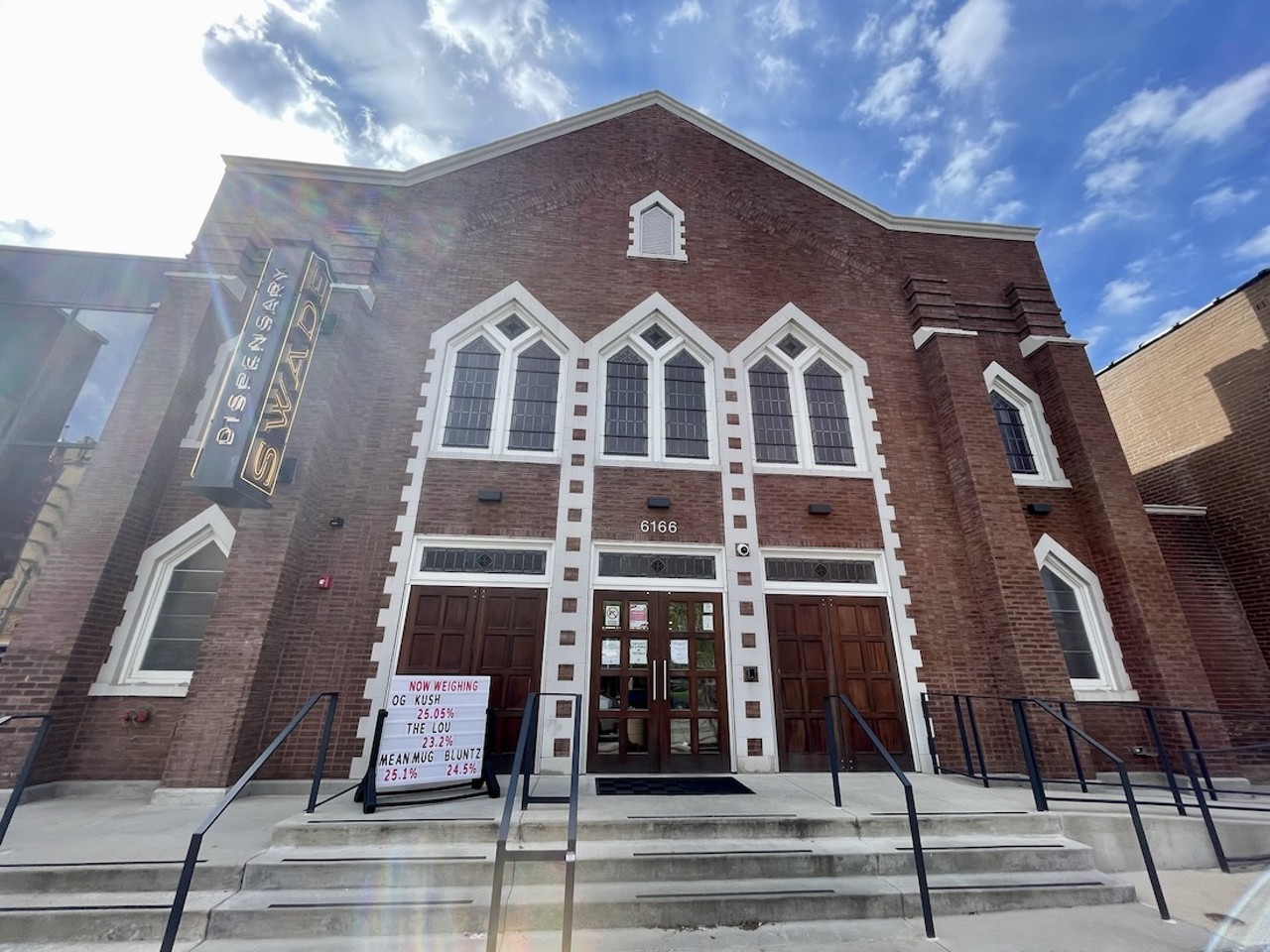 
Those who prefer their cannabis peddled from a former house of worship will want to head to the church building next door and check out Swade Cannabis (6166 Delmar Boulevard). Come for the weed, stay for the multiple photos of Joe Edwards posing with Cheech and Chong in the building's lobby. 

