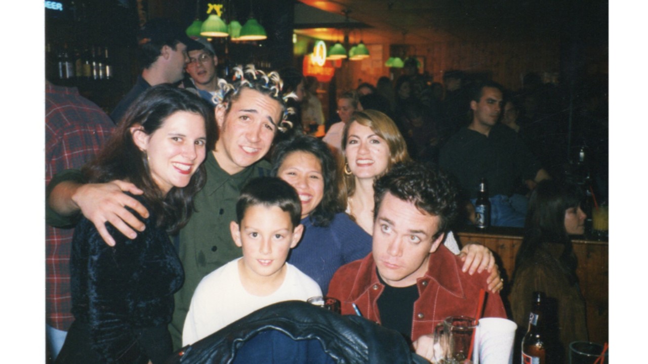 Members of the group Frosted hanging out with a fan, Sam Gordon, Jenifer Patterson, and Julia Bramer, December 7, 1996.
