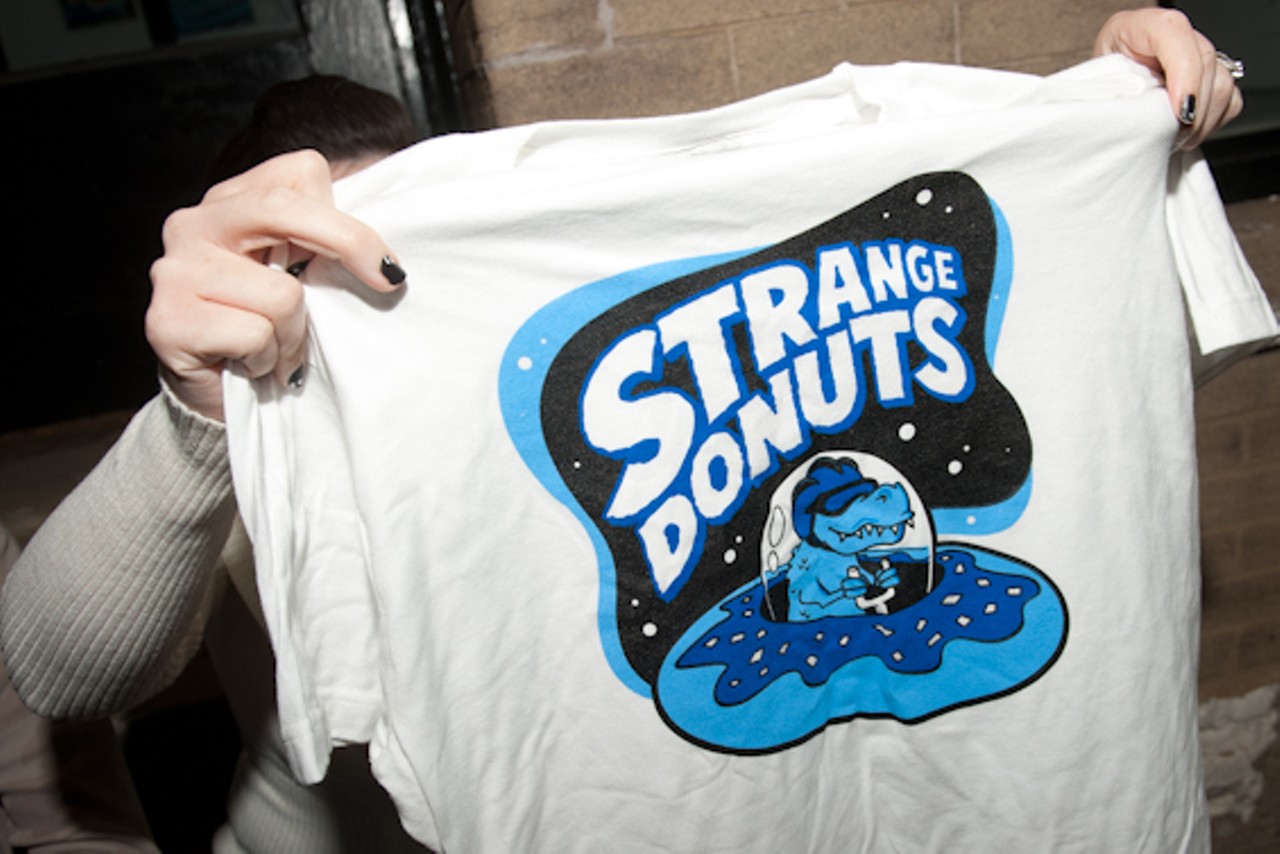 The free t-shirt that was given away to the first 25 customers on Strange Donuts opening day.