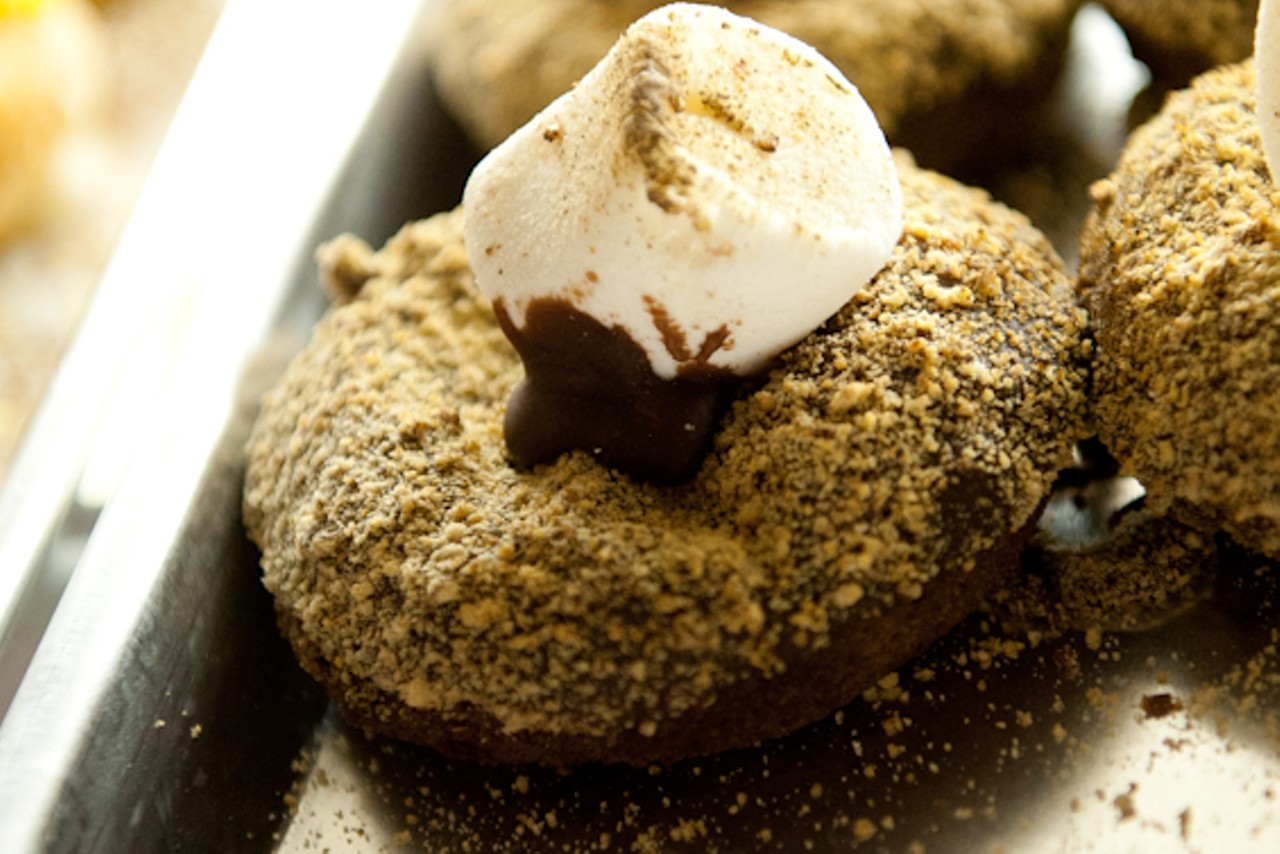 The campfire donut is made up of dark chocolate cake, graham cracker and a toasted marshmallow on top.