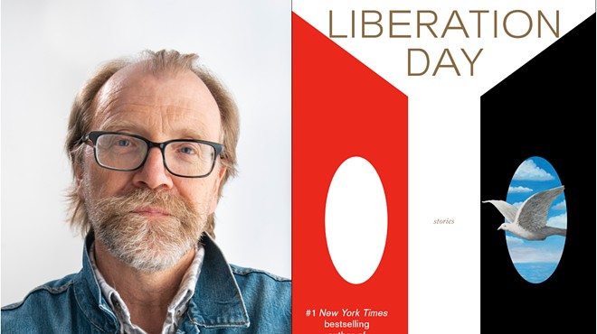 A side-by-side image of George Saunders and the cover of his new book, Liberation Day.