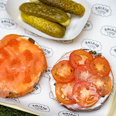 The bagel menu includes options such as a marble bagel with hand-sliced lox and trout roe.