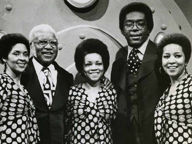 The Staple Singers with Soul Train host Don Cornelius in 1974.