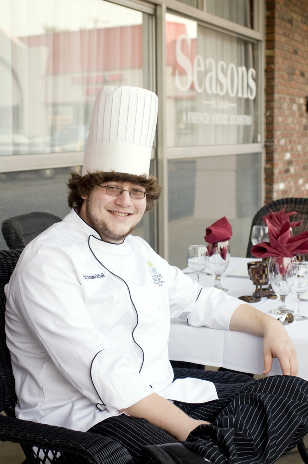 Co-chef Benjamin McNabb relaxing, if only for a moment, on the &ldquo;patio&rdquo; of Seasons St. Louis in Chesterfield.