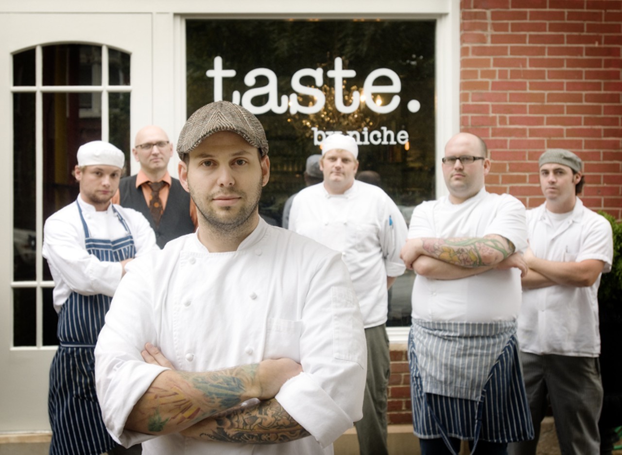 The Taste by Niche crew, starting in front, going clockwise, owner/chef Gerard Craft, chef de cuisine Adam Altnether, mixologist Ted Kilgore, cook Nick Blue, pastry chef Mathew Rice and sous chef James Peisker.