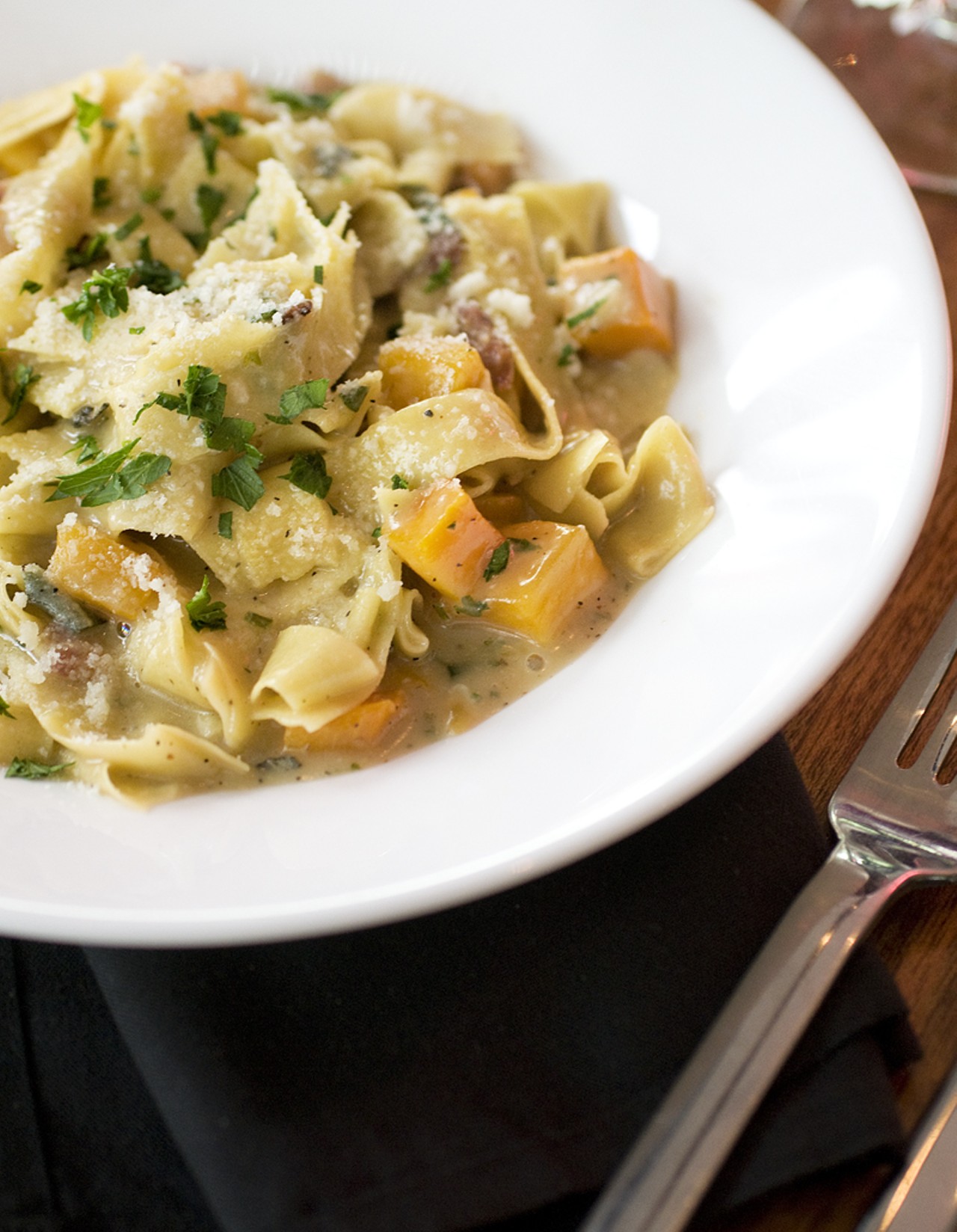 The Stracci with Butternut squash features guanciale, Parmesan and sage.