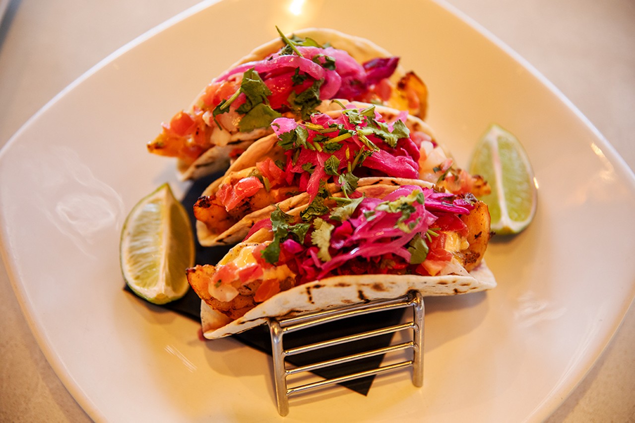 The Baja Grilled Shrimp Tacos are one of the many Tex-Mex inspired items at Sports and Social.