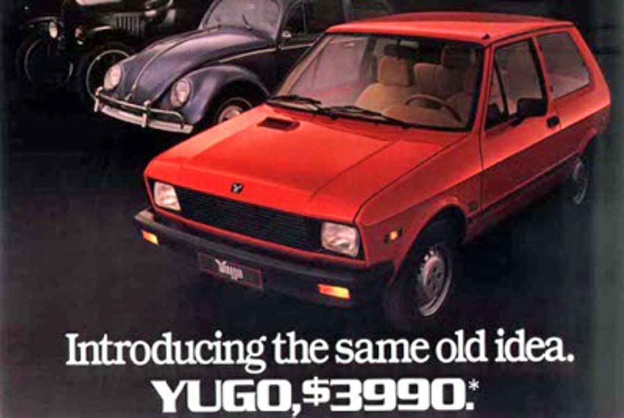 Yugo 45
The Yugoslavian-born Yugo 45 was introduced to U.S. buyers in 1984, with a wave of publicity that touted the car's ten-year/100,000 mile warranty. A 1987 Consumer Reports review of the car concluded that buyers would be "better off buying a good used car than a new Yugo." Still, it retains popularity with U.S. owners, who collect the cars. Read Paul Knight's Prius feature: "Wild Rides."