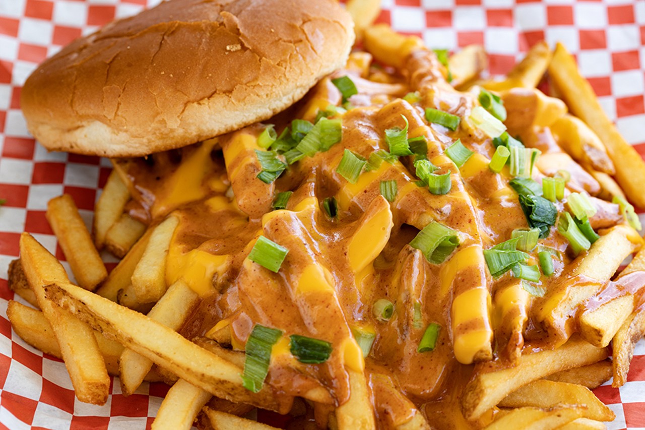 The Cooter Sandwich features your choice of barbecued meat topped with fries, cheese and "Cooter sauce," garnished with green onions.