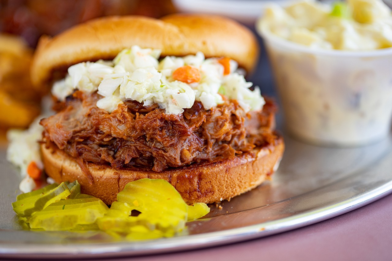 Pulled pork sandwich with coleslaw.