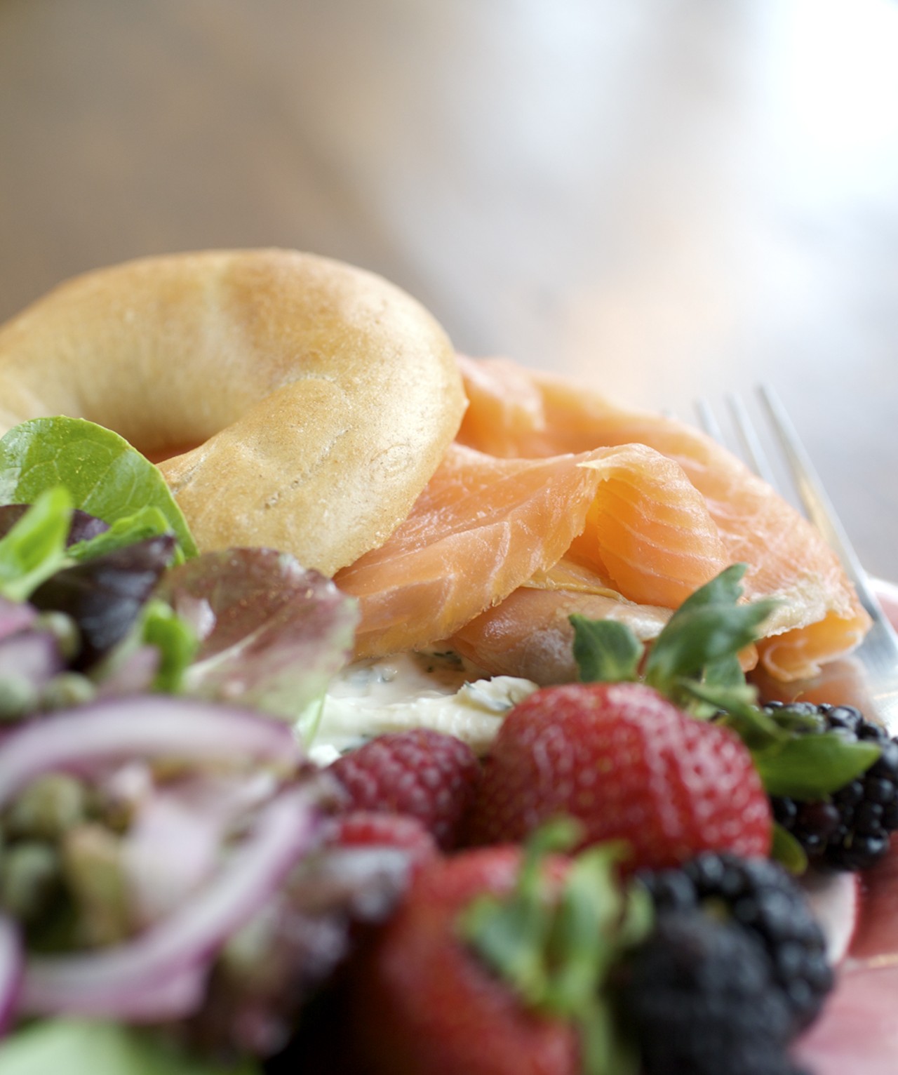 Another savory breakfast option is the house-made rye bagel with smoked salmon, herbed cream cheese, onions, capers and fresh berries.