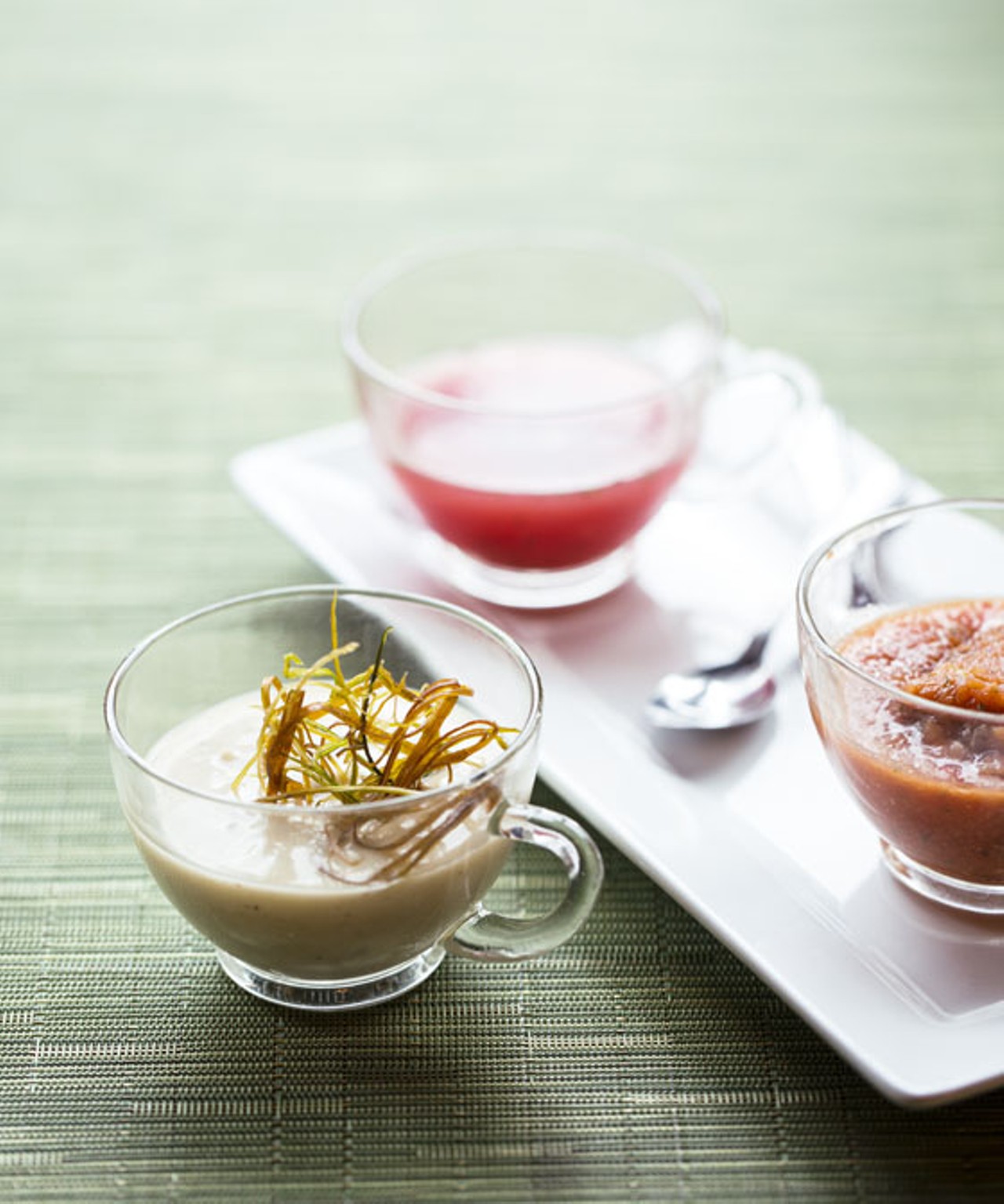 Bocci's flight of chilled soups includes vichyssoise, gazpacho, and watermelon and mint.