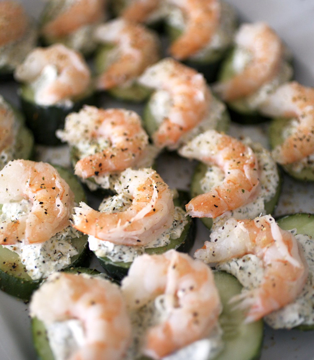 Cucumber with dill dip and shrimp, available at the buffet.