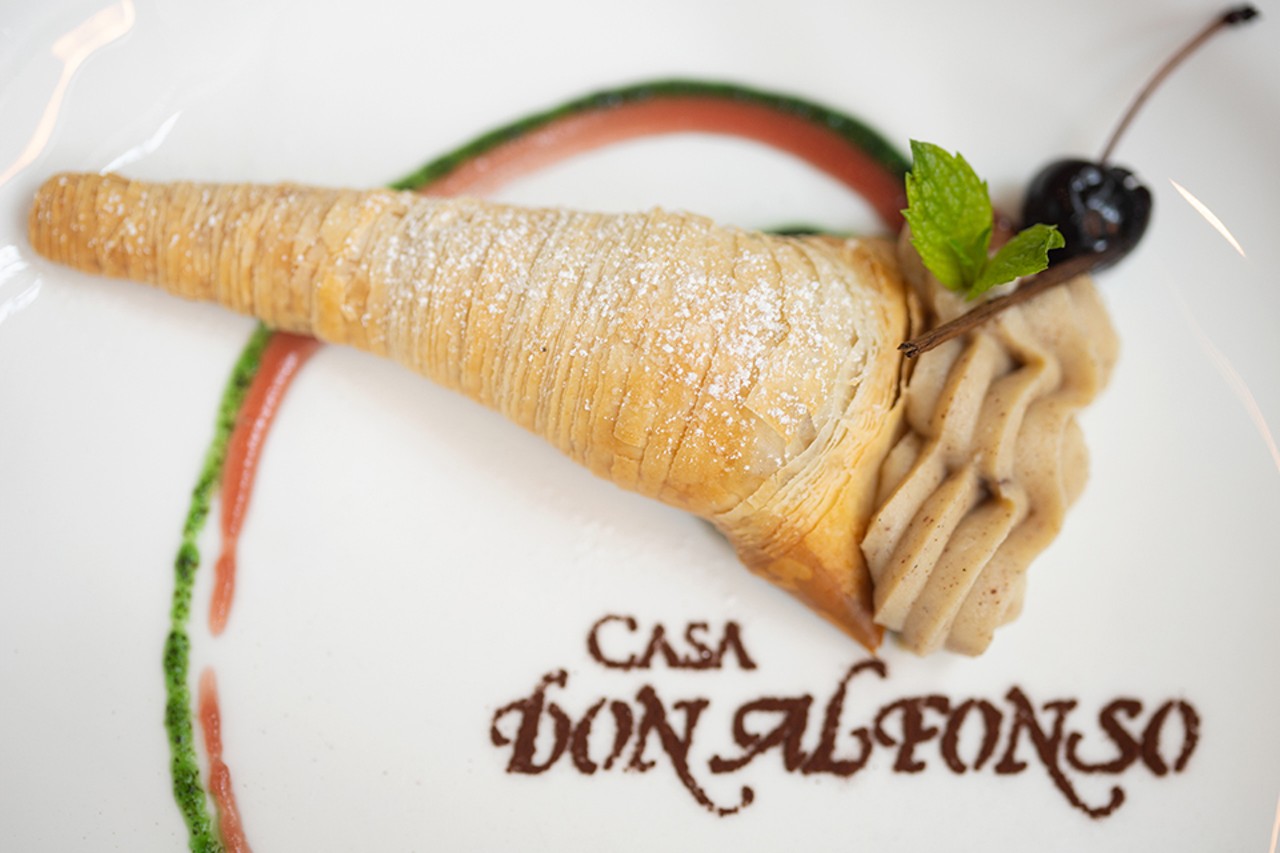 Sfogliatella Napoletana Santa Rosa with phyllo cone, cinnamon pastry cream and Amerena cherries.
