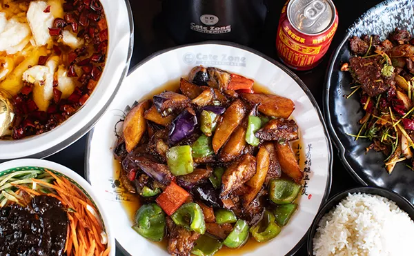 Highlights from Cate Zone Chinese Cuisine include (clockwise from top left) Szechuan boiling fish, Triple Vegetables with Brown Sauce, Cumin Beef with Cilantro, and Noodle with Brown Sauce.