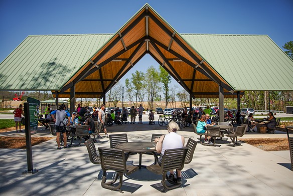 Crowds gather under the new picnic pavilion on Sunday April 14, 2024, at the Chain of Rocks Park.