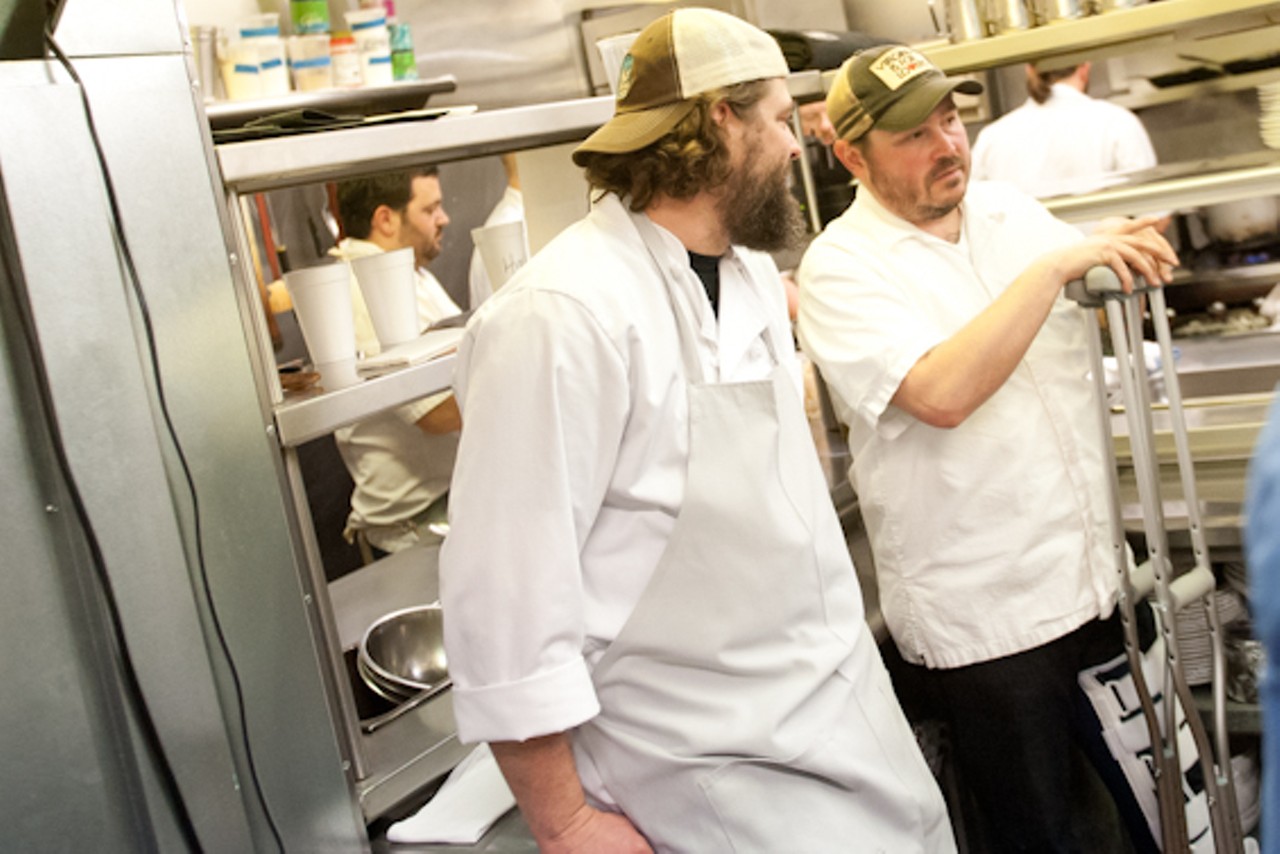 Kevin Willmann of Farmhaus restaurant chats with Sean Brock (of McCrady's, Husk and restaurants) between courses.&nbsp;