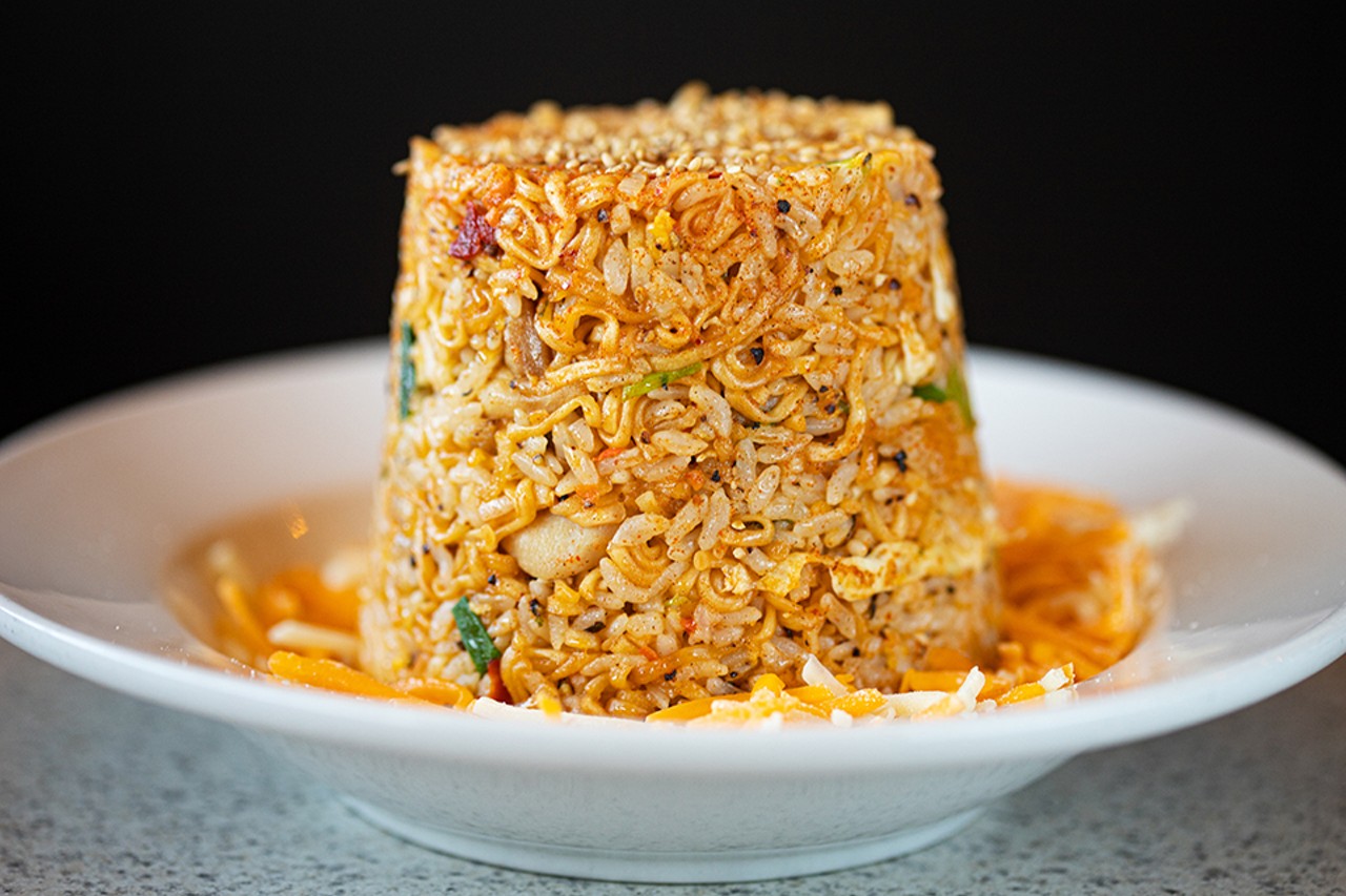 Ra-bap is a spicy fried rice with chicken, egg and green onion.