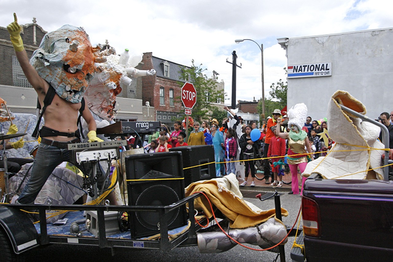 A truck for the St. Louis gallery Fort Gondo hauls a live band that provided drums and beats throughout the length of the People's Joy Parade.