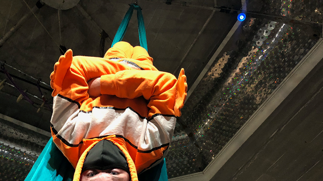 One student, donning a clownfish costume, performs in aerial silks before he becomes a sushi roll for his family's sushi recipe.