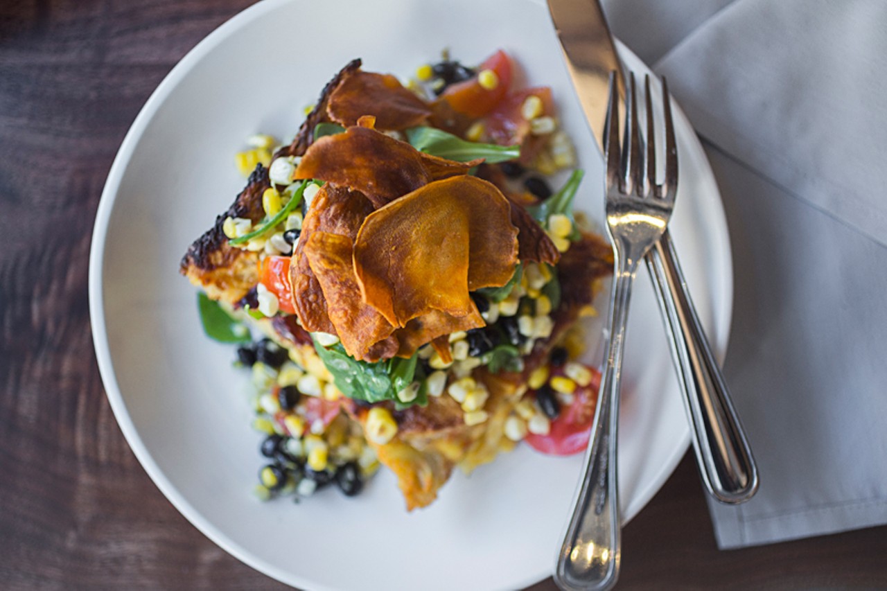 The "Southwest Strata" is an egg casserole made with Fresno peppers, roasted onion and cheddar, roasted corn and black-bean salsa.