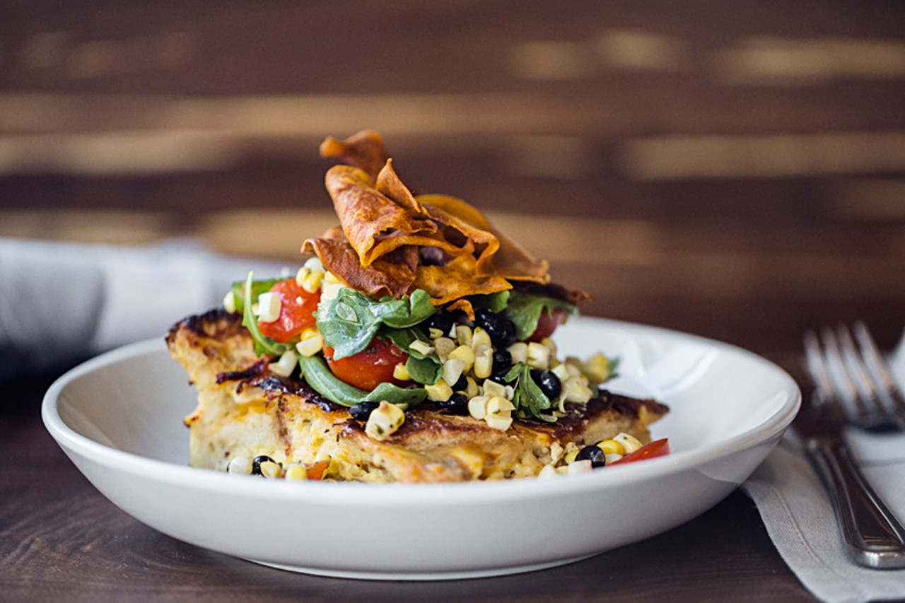 The "Southwest Strata" is an egg casserole made with Fresno peppers, roasted onion and cheddar, roasted corn and black-bean salsa.