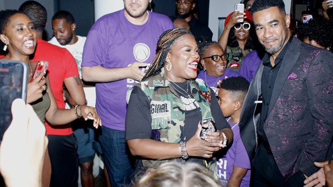 U.S. Rep. Cori Bush celebrates her apparent victory at House of Soul in downtown St.  Louis on Aug. 2, 2022.