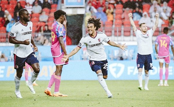 Aziel Jackson celebrates after scoring his first goal in Major League Soccer.