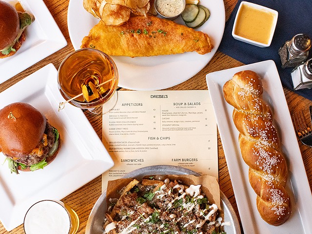 A selection of items from Dressel's Pub (clockwise from top left): grilled chicken sandwich, beer-battered Norwegian haddock, Dressel's pretzel, Cuban street fries and lamb burger.