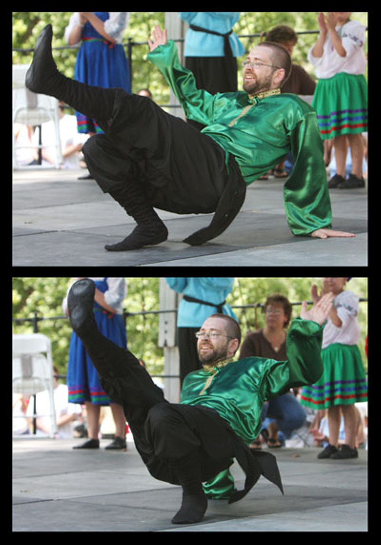 A Russian Cossack Dancer doing his best in the Hopak Challenge Dance, a Russian Dance contest to determine who can out dance one another.
