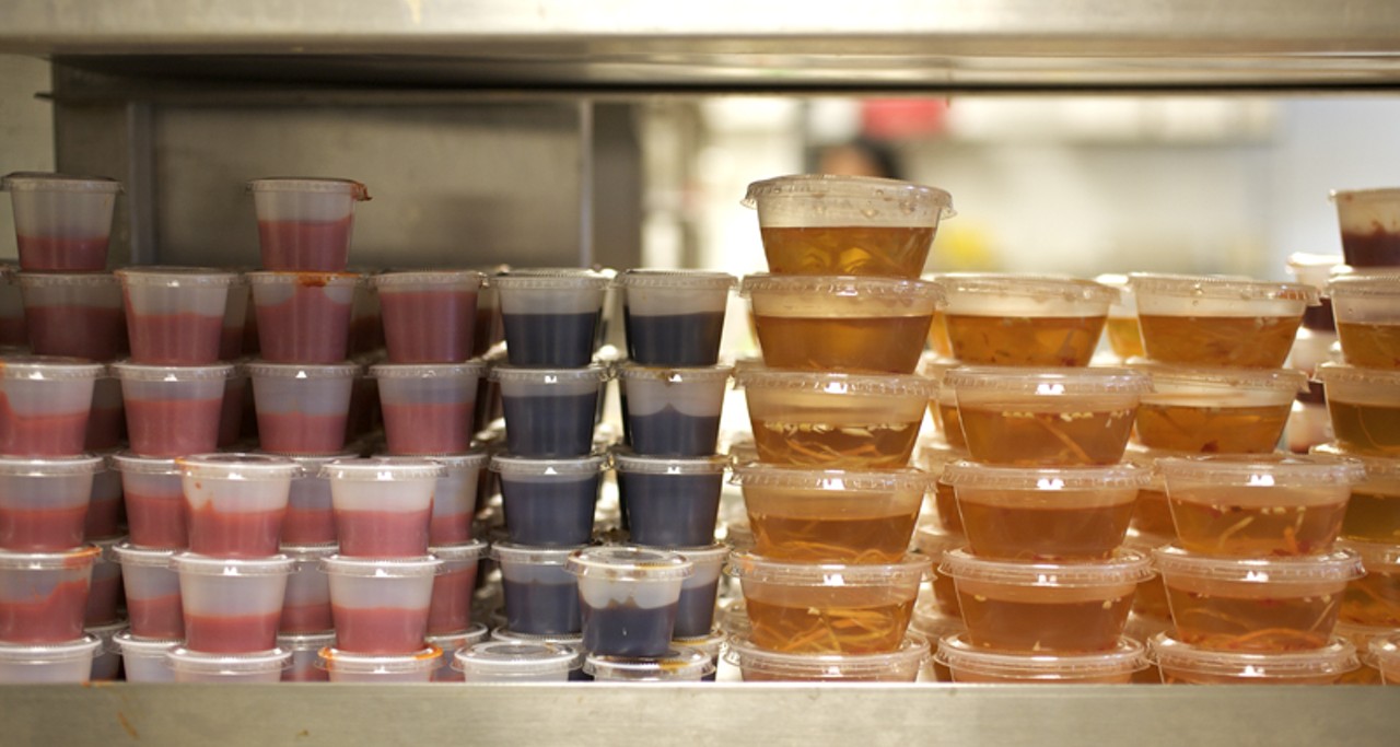 All the sauces ready to go for those carry-out orders.