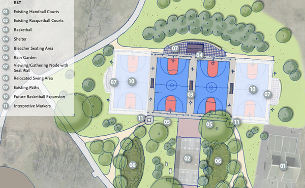 A sketch of basketball courts at Forest Park.