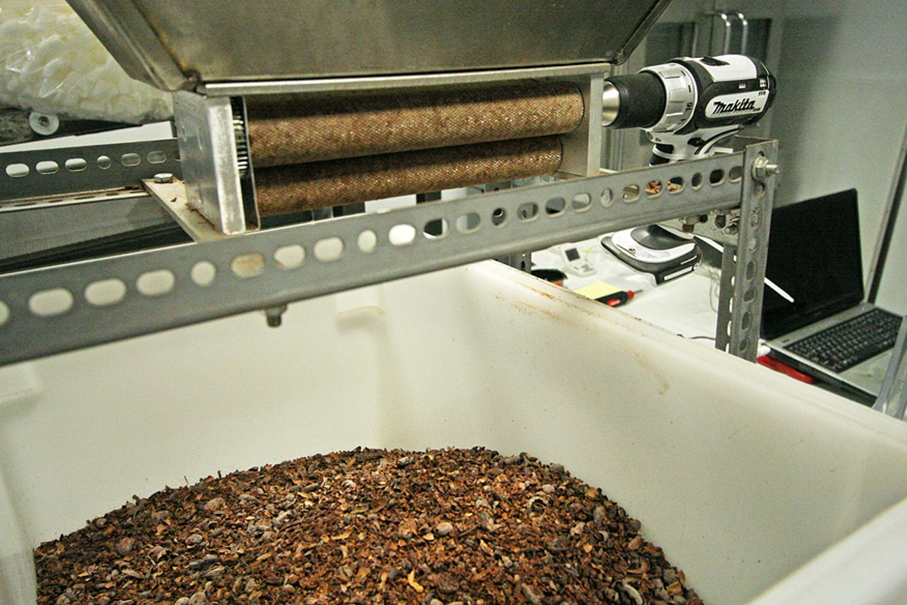 This machine is one of many that owner Alan McClure has built himself. Because the process has been refined down to a science, it sometimes takes machines that aren&rsquo;t on the market to meet the high-quality standards&nbsp;McClure has&nbsp;placed on his chocolate.