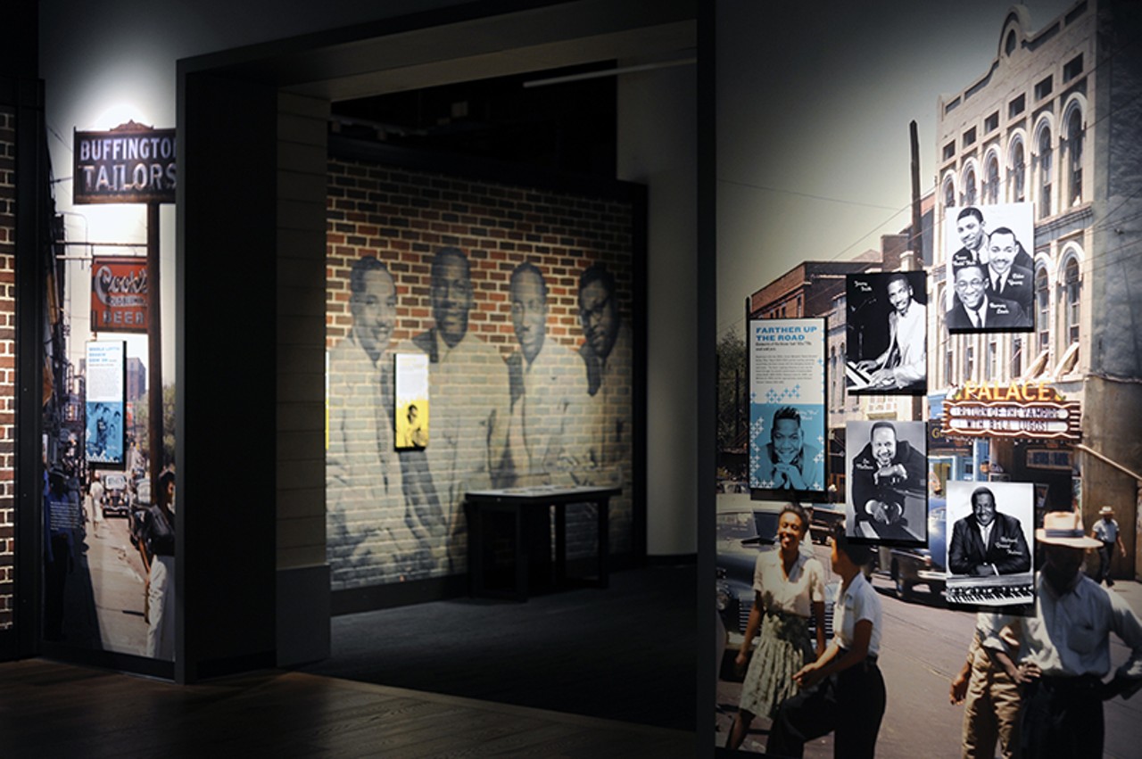 This area documents the rising popularity of the blues in the 1950s and 60s, as well as its influence into jazz and gospel. Here you see the gospel group the Soul Stirrers (left brick wall) and a photo from Beale Street (right).