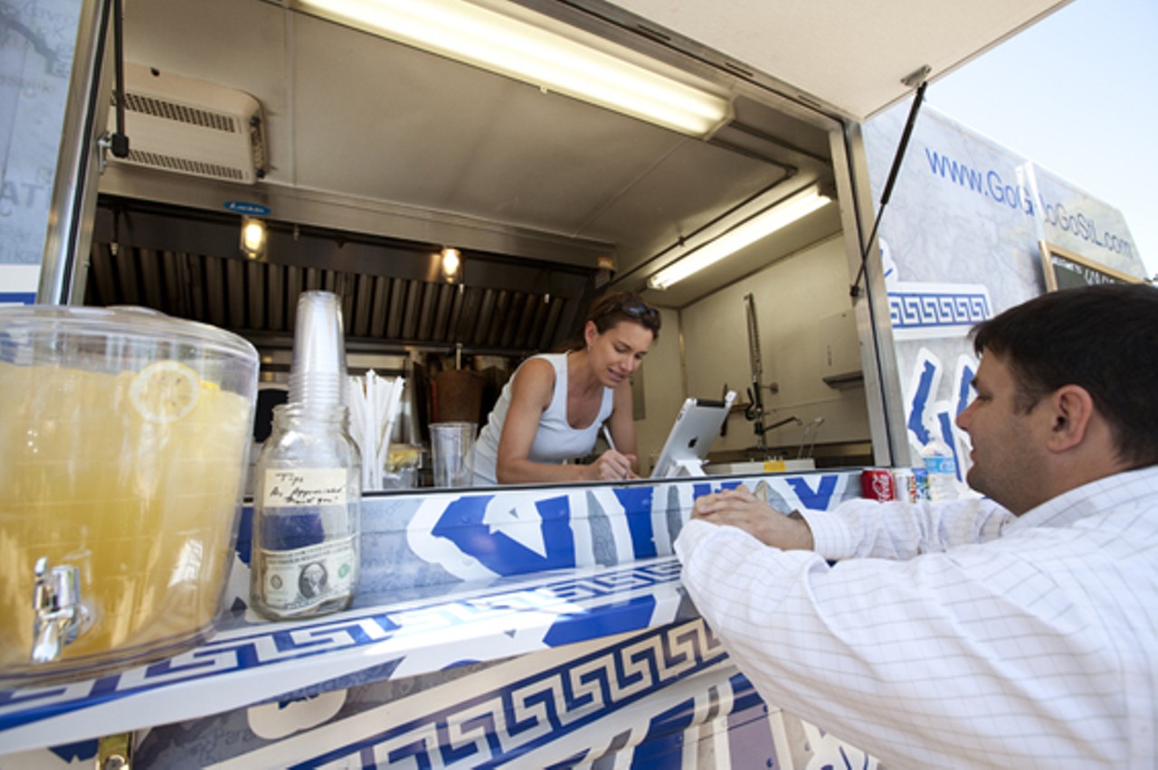 Co-owner Laura Cowlen taking orders on the Go! Gyro! Go! food truck.