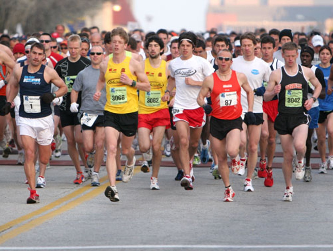 Nearly 15,000 runners participated in the 2008 Go! St. Louis Marathon. Shown are the runners sprinting off the starting line.