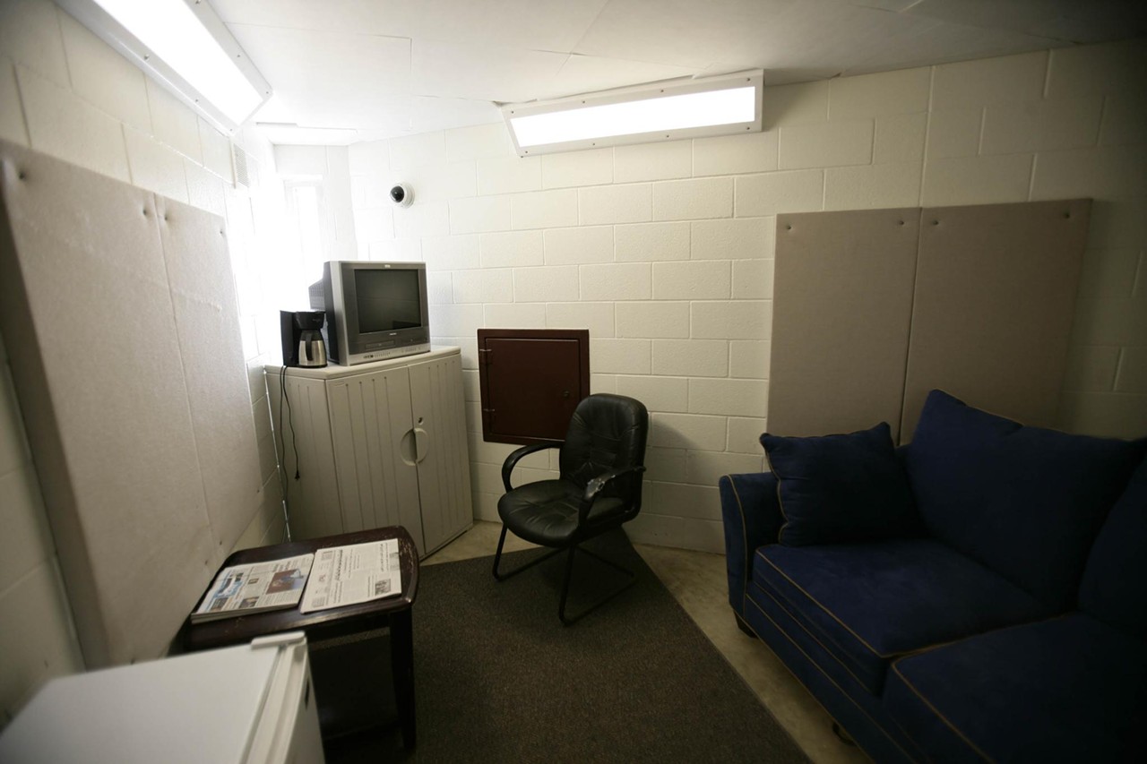 Detainees are still regularly interrogated in this room inside Camp 5. If they&rsquo;re well behaved, they can watch movies once a week here while shackled to the couch.