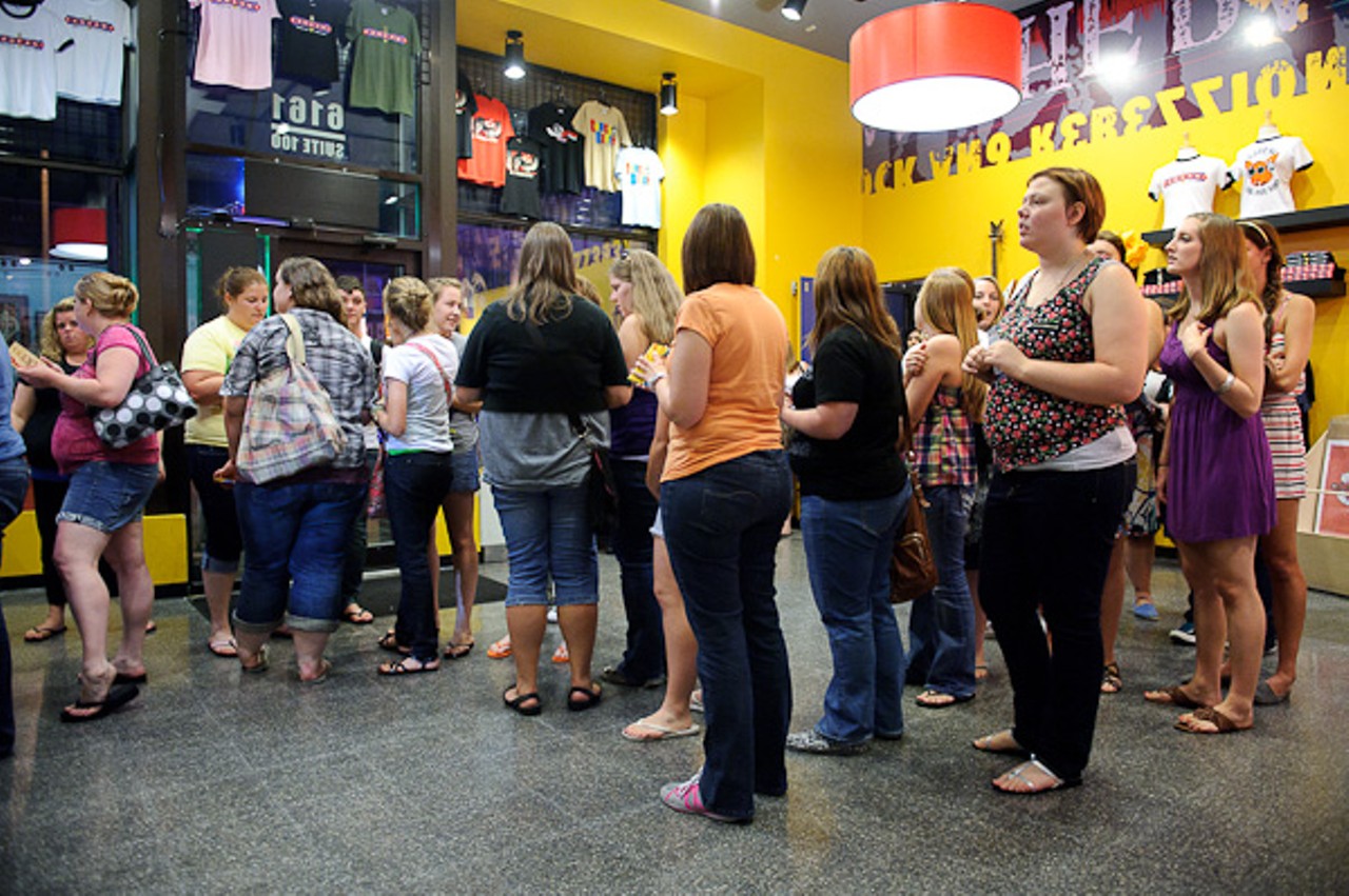 Fans line up for official band merchandise at the Pageant in St. Louis.