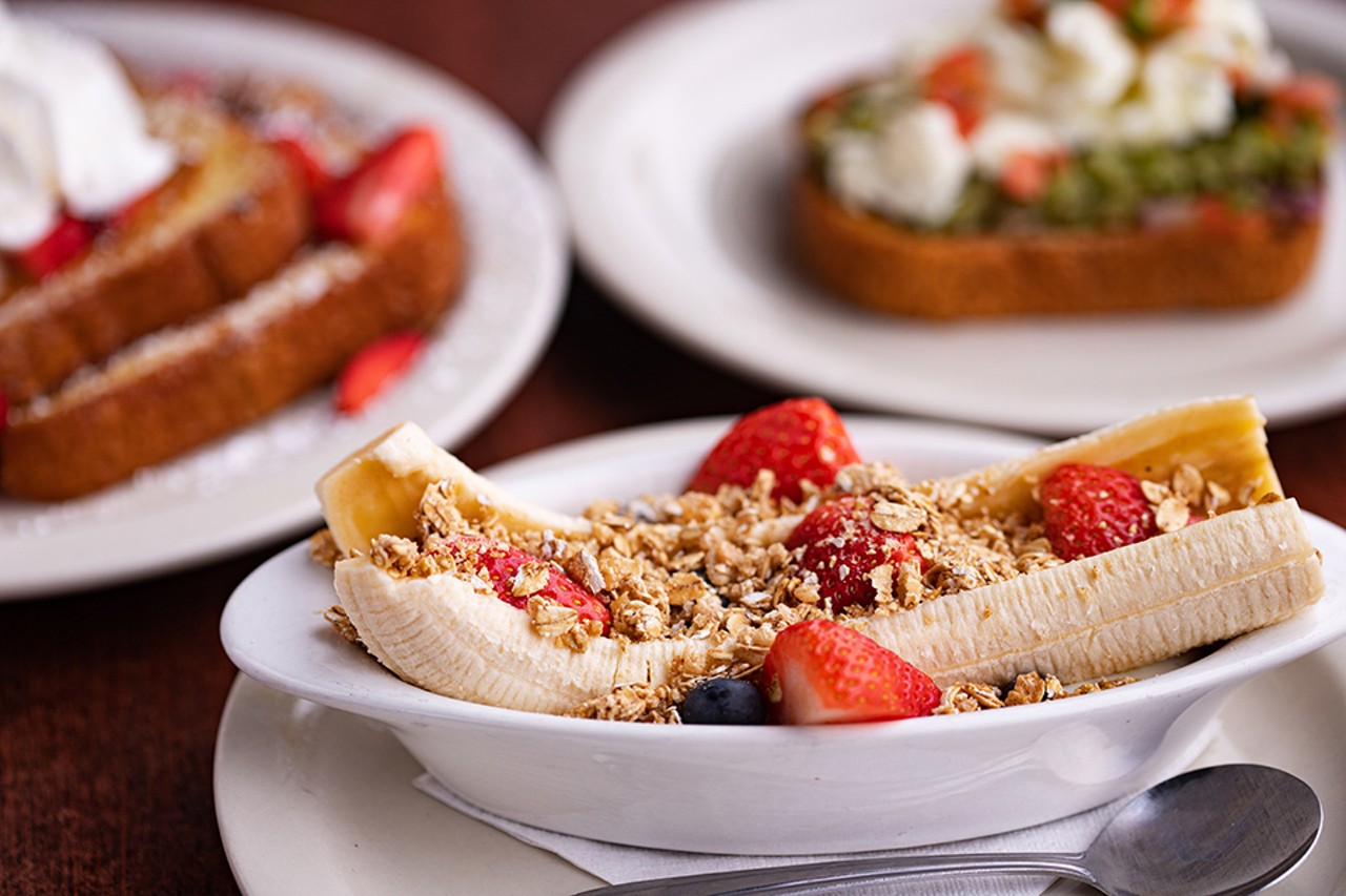 Go Nanners pancakes with banana, yogurt, berries and granola.