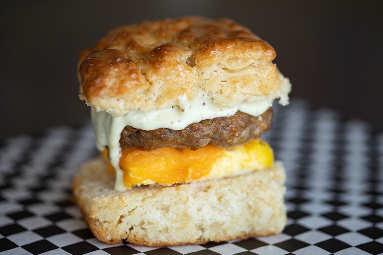 Sausage, egg, cheese and salt-pepper aioli on a honey-glazed biscuit.