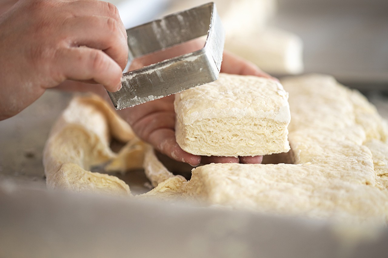 The biscuits are hand-rolled and cut.
