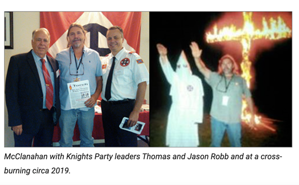 These photos (captured from the website of the Anti-Defamation League) show Darrell McClanahan at a cross-burning in 2019. The Republican Party lost its attempt to kick McClanahan off the primary ballot.