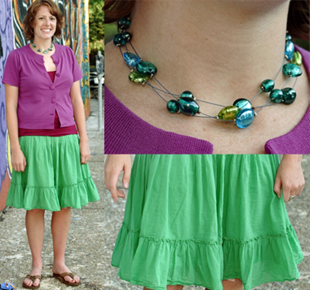 Leslie, 26, Dogtown
Skirt: From the Gap. She bought it because she likes green. Necklace: From Moroni Island, Venice. Also purchased because it's green.
Summer Style: Bright colors.