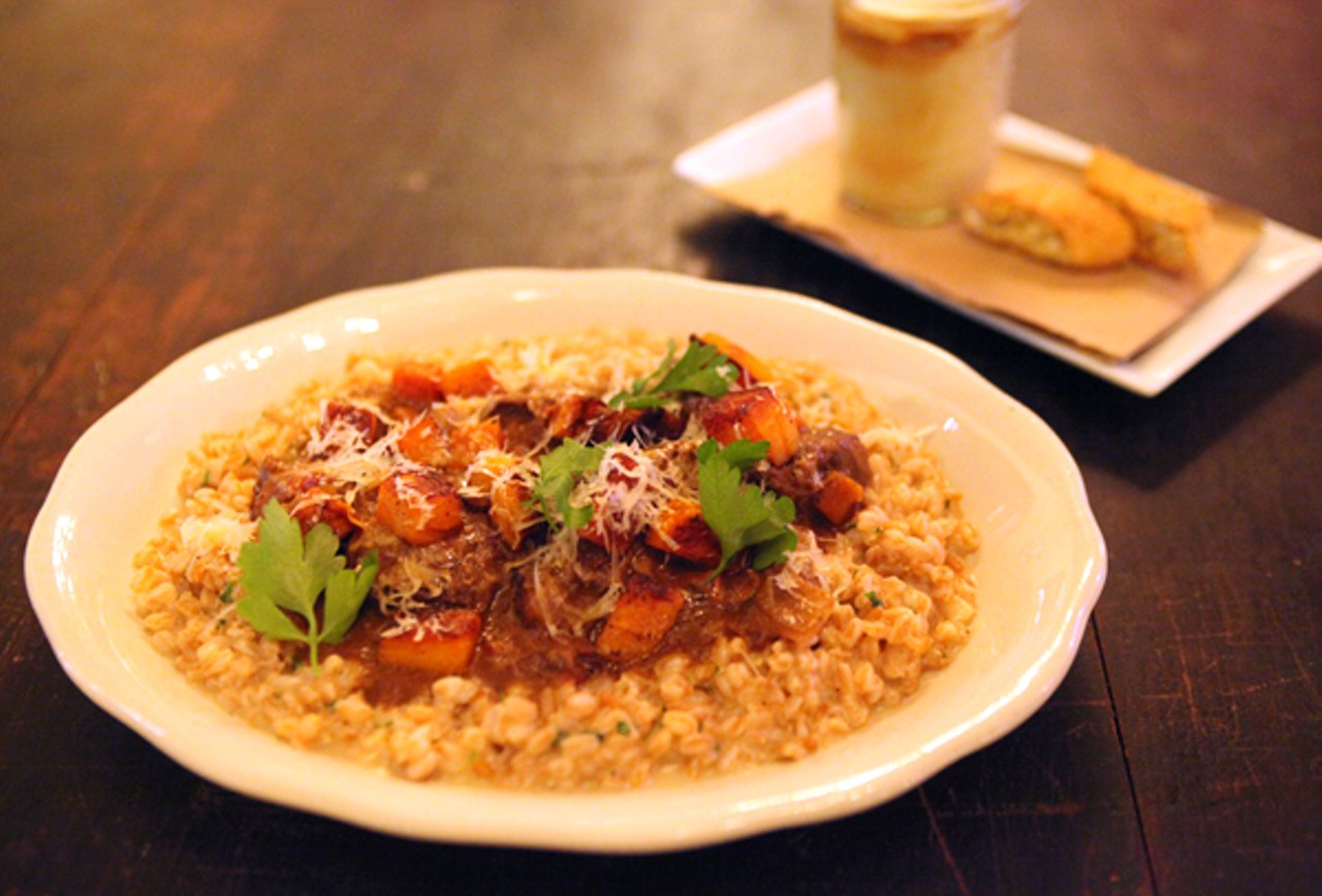 Brasato al Barolo: beef braised in red wine and aromatic spice with roasted butternut squash and farro risotto.