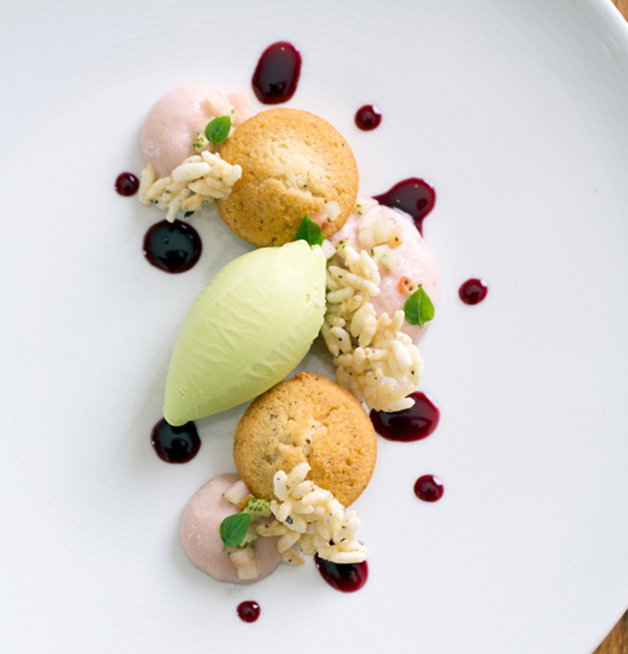 Sweet pea ice cream with financier, strawberry and hibiscus.