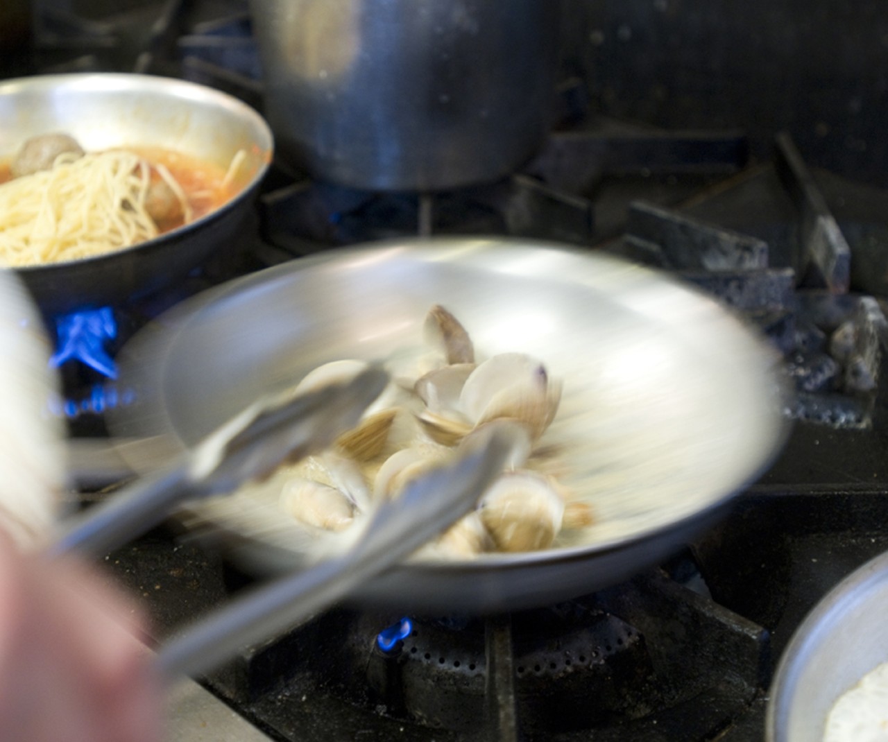 Again, Eric Below is saut&eacute;ing the clams. Next comes the linguini, cooked al dent&eacute;.