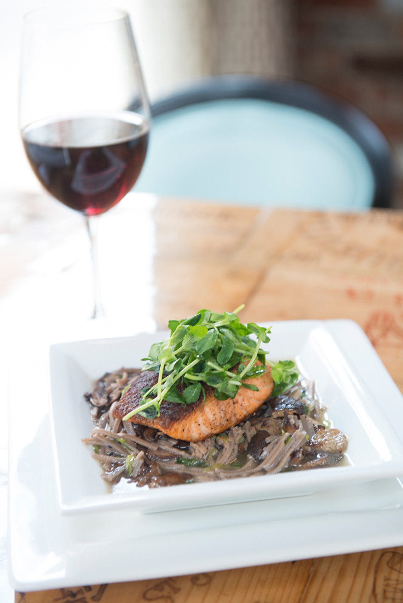 Porcini Salmon:  Salmon over soba noodles in a mushroom Dashi with pea shoots.