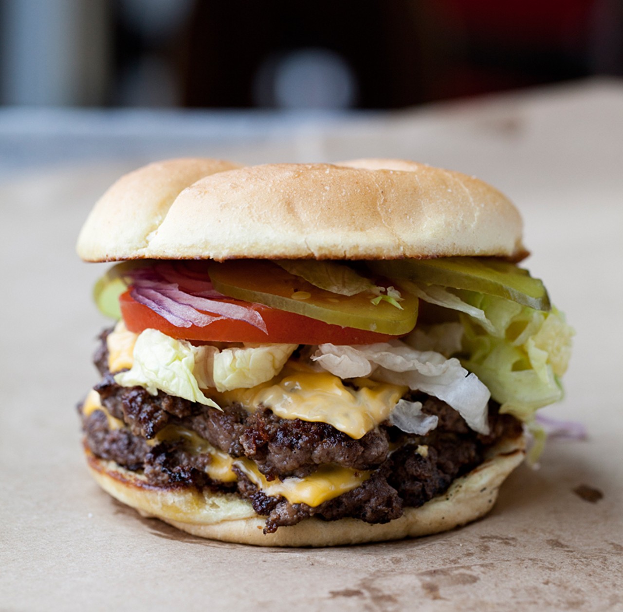 Rain Crow Ranch of Gape Girardeau is the source of the grass-fed beef in this double cheeseburger with lettuce, tomato, red onion and pickles.