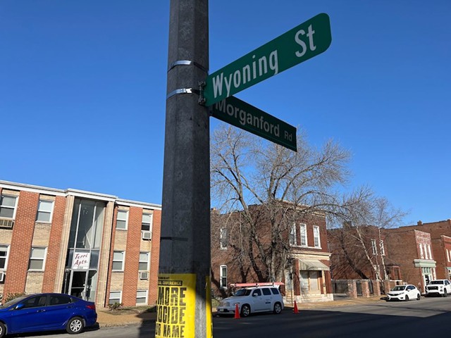 A photo taken on February 26, 2024, shows a misspelled street sign at Morgan Ford Road and Wyoming Street.