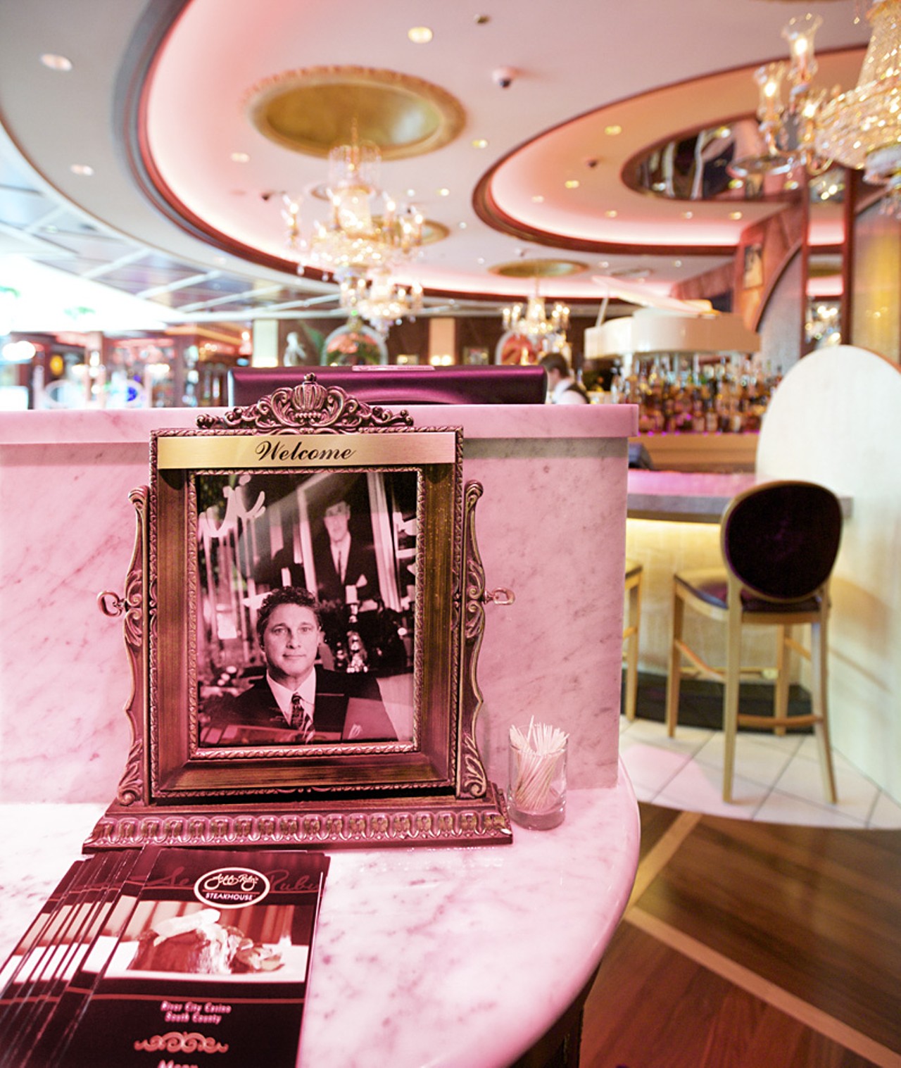 While Jeff Ruby's is headquartered in Cincinnati, a picture of the restaurant's founder and owner sits on the ma&icirc;tre d' stand to greet you as you enter.